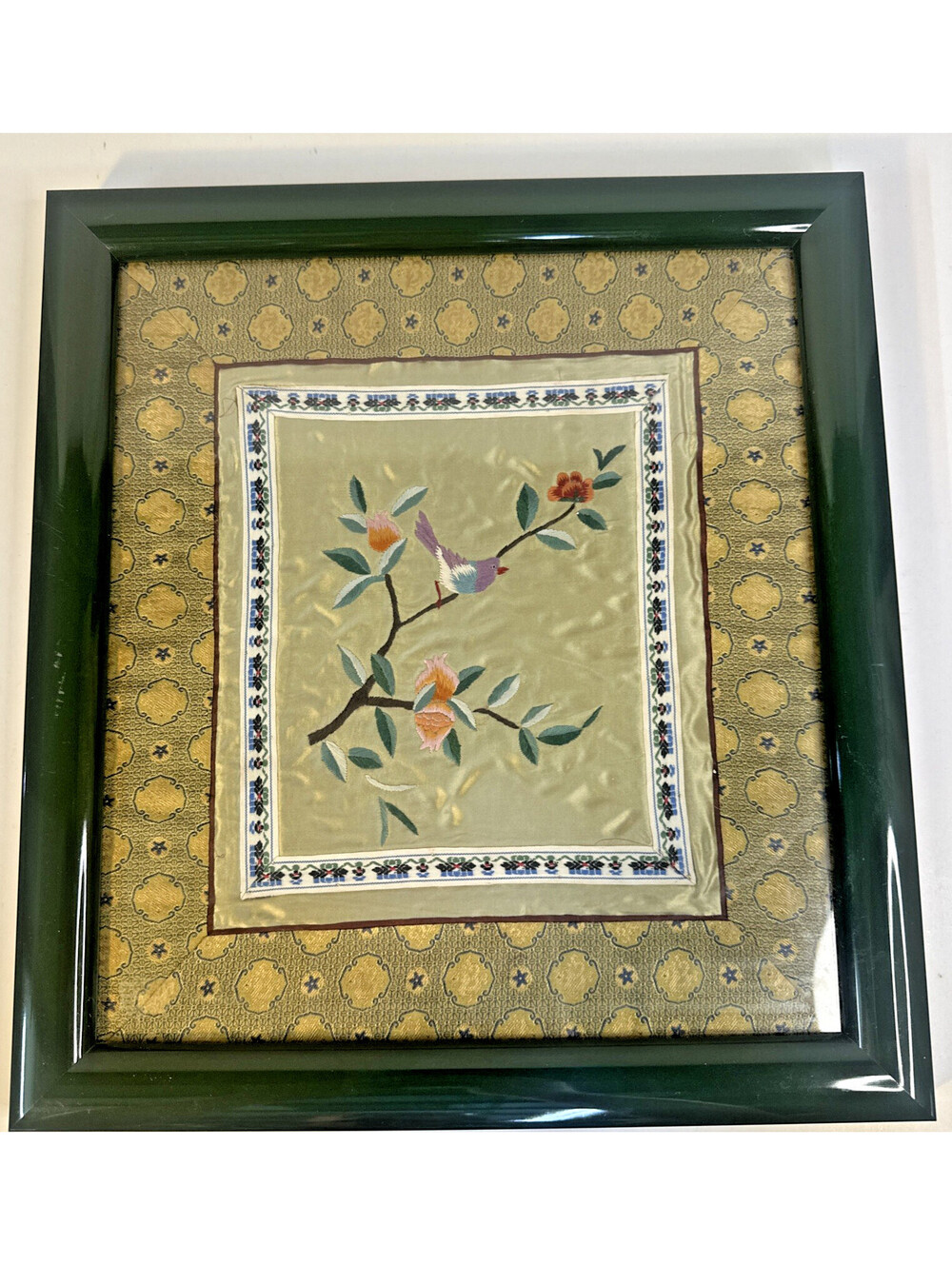Vintage Chinese Embroidered Bird & Flowers on Silk, Framed, 13" x 12" Rare